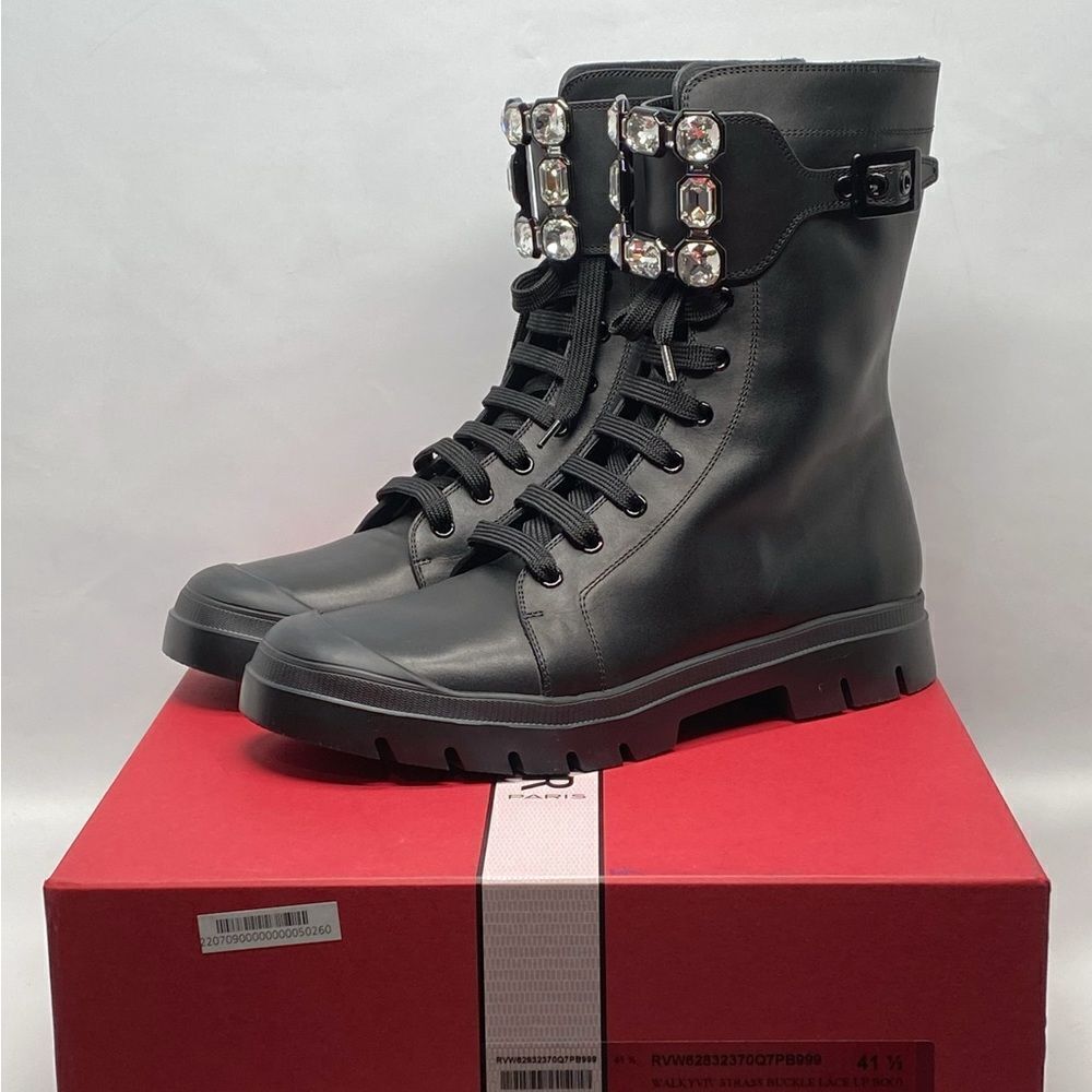 Roger Vivier Walkyviv Calfskin Crystal-Buckle Mid Boots size 41.5 - Picture 13 of 15